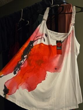 Renee C. White Camisole with Red and Orange Watercolor Print